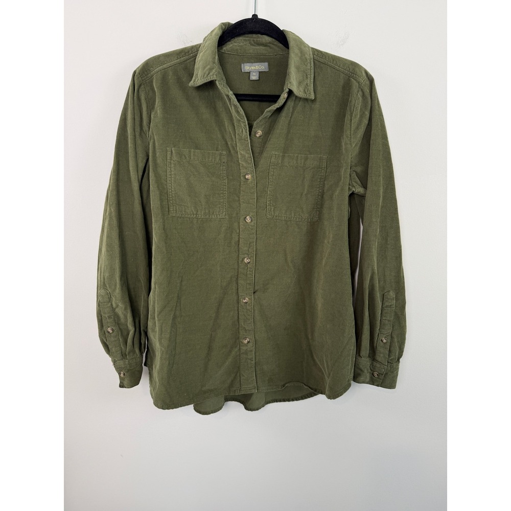 Style & Co Shirt Green Petite M Corduroy Button Down Long Sleeve Utility Boho